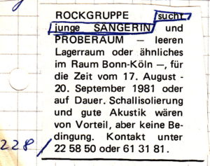 Junge Sängerin gesucht. Bonn, 1981